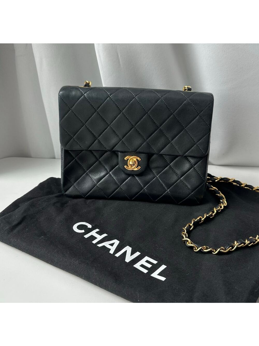 Chanel Vintage Classic Small Square Flap Bag Black Lambskin Gold Hardware